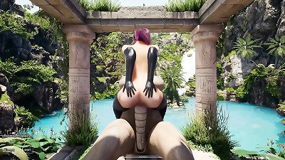 Lara cosplays as Tifa. A kinky stone statue's large rod fucks her cock-squeezing pussy hard.